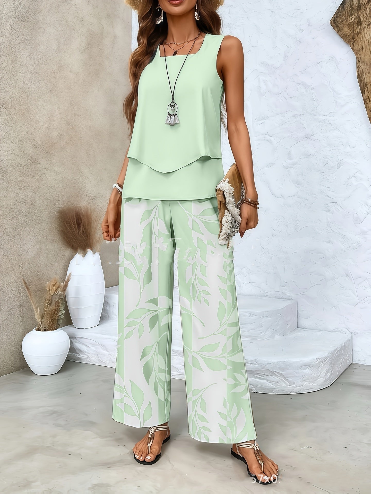 Print Suits Sleeveless Double-layer Vest And Loose Straight Pants